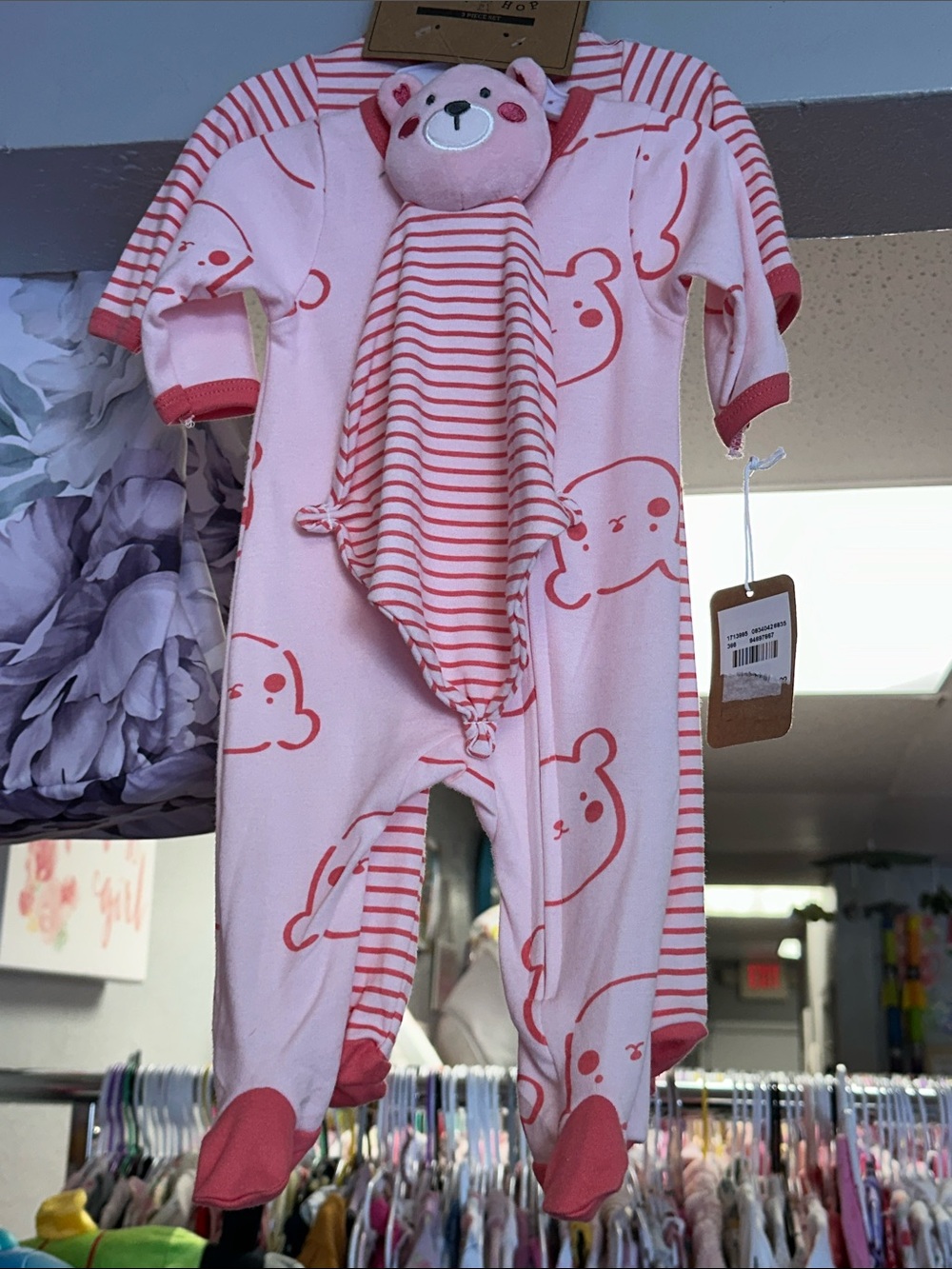 Pink Bear Print Infant One-Piece with Hood